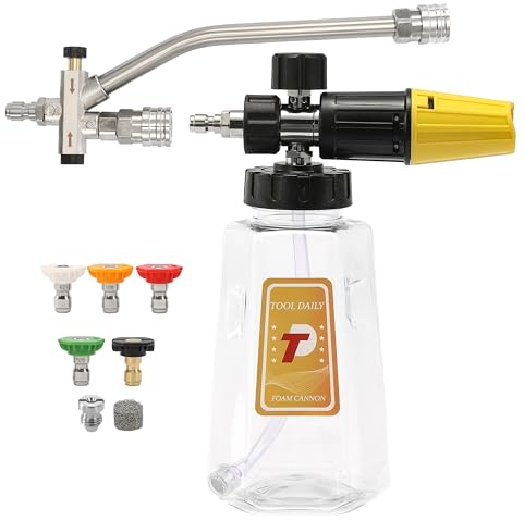 Tool Daily Cannone in schiuma per idropulitrice con accessorio a doppio connettore, attacco a doppia punta per cannone per sapone, 5 ugelli spruzzatori per idropulitrice, attacco rapido da 1/4