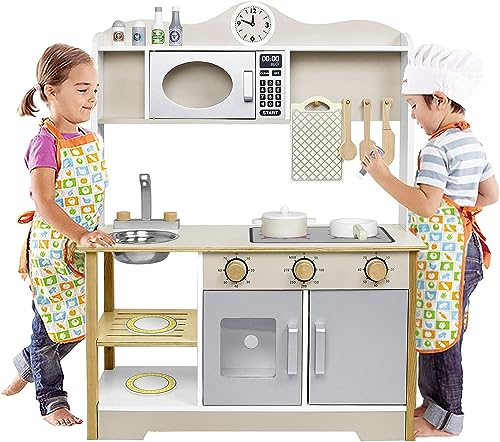 ACXIN Set da Cucina in Legno e Acciaio Inox per Bambini con Accessori - Mini Set Gioco (68 x 26 x 78 cm)
