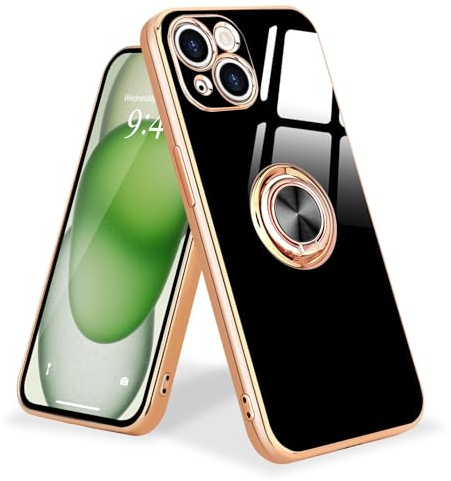 Urarssa Magnetic for iphone 15 plus Case with Ring Holder Kickstand, Black