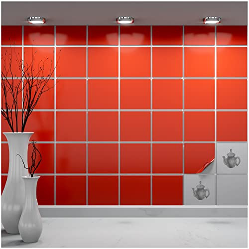 FoLIESEN - Tile Stickers, 9.5 x 9.5 cm, Self-Adhesive Tile Film for Bathroom and Kitchen, Removable Adhesive Film for Wall Tiles, Kitchen Splashback and Borders, 1000 Adhesive Tiles, Orange Red Glossy