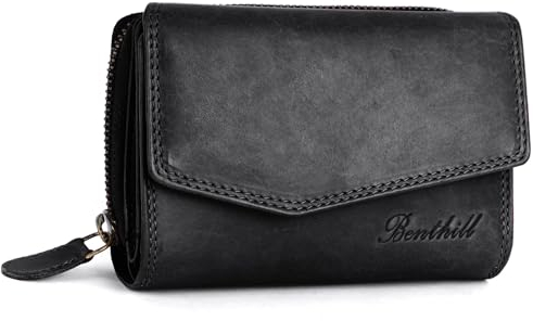 Benthill Portefeuille Femme Cuir véritable - Porte Monnaie avec Protection RFID - Porte Cartes Nombreuses Poches pour Cartes - Portefeuille Femme Vintage, boîte Cadeau Incluse, Color:Noir