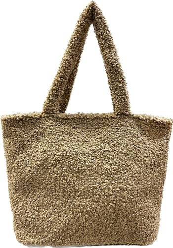 J26 Teddyfell Optik Shopper Tasche Schultertasche Henkeltasche Tote Bag Beutel Vlies (Khaki)
