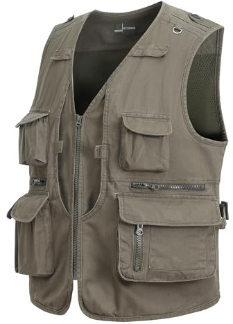 MeiLayM Herren Outdoor Weste Anglerweste mit Multi-Taschened Sommer Freizeit Baumwolle Weste Hundeweste Leicht Safari Weste Fotografie Weste Camping Wandern Ärmellos Jacke Armeegrün,S