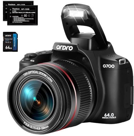 ORDRO Cámara digital de 64 MP, cámara de fotos, cámara de vlogging 4K con pantalla de 3 pulgadas, zoom óptico de 12x, enfoque automático, antivibración, tarjeta SD de 64 GB para principiantes