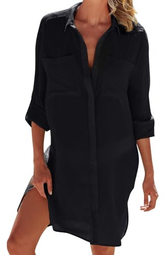 Minicoco Women's Beach Cover Up Bikini Cardigan Chiffon Swimsuit Beach Dress Beachwear with Pocket Button Beach Shirt V Neck 3/4 Sleeve Bikini Coverups Slimming Swimwear (Acrylic, Black)