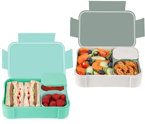 Bento-Box für Kinder und Erwachsene, auslaufsichere Lunch-Snack-Box mit abnehmbarem Fach, wiederverwendbarer Lunch-Behälter für Schule, Arbeit, Reisen, spülmaschinenfest, BPA-frei (Khaki-Grün & Aqua)