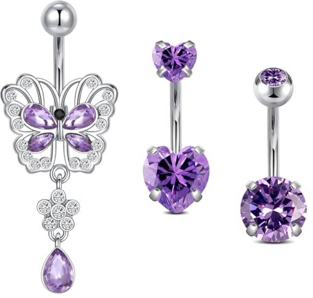 Briana Williams Bauchnabelpiercing Chirurgenstahl mit Anhänger Herz Schmetterling 10mm Stablänge 14G Silber Diamant Zirkon Glitzer