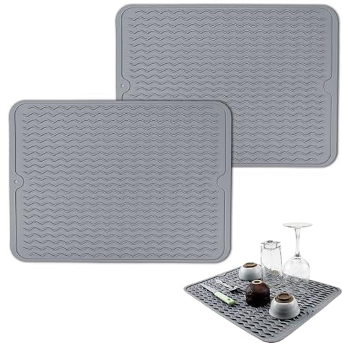 2 Piezas Alfombrilla Escurreplatos de Silicona, 40 x 30 cm Alfombrilla para secar Platos, Alfombrillas de Drenaje de Silicona, Alfombrilla Secado de Platos para Fregadero Tapete de Mesa (Gris)