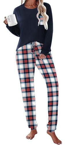Ekouaer Pyjama Femme Ensemble Carreaux Pantalon Coton Vêtements De Nuit Chaud Pyjama 2 Pièces Poche Élastique Manches Longues, Navy, XXL