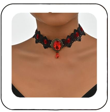 Reaky Halloween-Halsketten, Strass-Halskette, schwarze Perlenkette, Ketten, Festival-Kostüm, Halloween-Zubehör für Frauen (Rot)