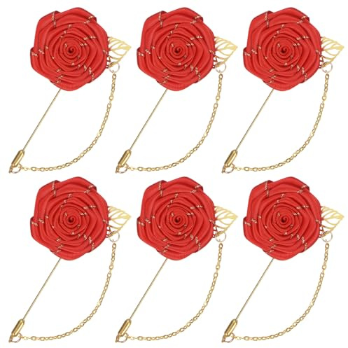 M METERXITY 6-Paquets Broche en Forme de Rose en Tissu avec Feuille d'Or, Broche en Forme de Rose, Broche de Revers pour Hommes/Costume de Soirée, Broche de Fête de Mariage [Rouge]