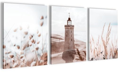 Novart Wandbilder Set Lichtturm Boho Meer - KOMPLETT AUFHÄNGFERTIG - Wohnzimmer Schlafzimmer Flur Deko - 3 Moderne Bilder Beige - N034935a