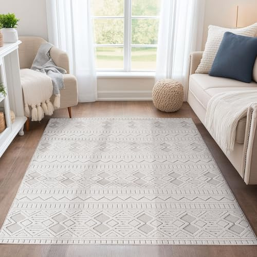 Teppium Indoor Outdoor Teppich wetterfest 160x230 cm, 3D Optik, Vintage Design, waschbar, wetterbeständiges, Natur Creme Farbe, Wohnzimmer, Schlafzimmer, Terrassenteppich