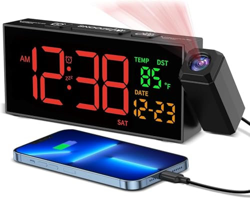 Netzu Digitaler Wecker mit Projektion, Projektionswecker mit 350° Projektor, Thermometer, Datum, Große Anzeige, 10 Klingeltönen, Snooze, 4 Helligkeit, 4 Lautstärke, Manuell DST, Lauter Wecker
