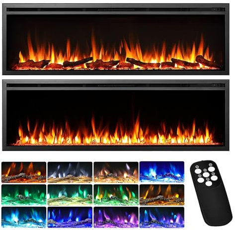 INMOZATA Electric Fire 73inch/186cm Wall Mounted/Recessed Electric Fireplace with Remote Control, 12 Colour Flame Effect Media Wall Fireplace, Crystal & Log Set, 2 Heat Settings 900W&1800W(73/185cm)