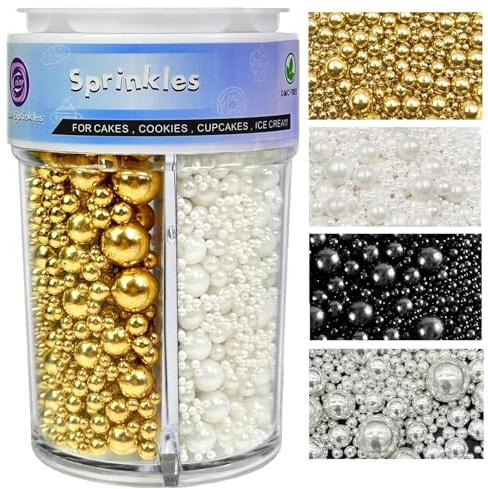 Sprinkles for Cake Decorating, 120g/ 4.2oz Gold Silver White and Black Pearl Sprinkles Mix for Cookie Baking Ice Cream Cupcake Topping (Mix Color)