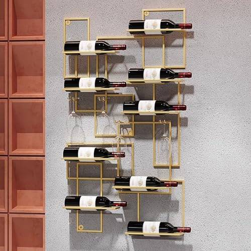 RAJYQODIS Portabottiglie da parete, portabottiglie industriale per 9 bottiglie, scaffale decorativo da cucina in metallo nero, facile accesso 110x60x10cm (Gold-1PCS)