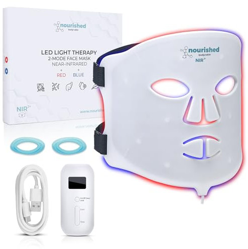 Nourished Bodynskin Masque facial LED portable avec infrarouge proche - Luminothérapie bleue, rouge pour le visage - 114 LED - Outil de soin pour les rides, anti-âge