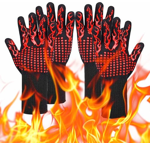 2 Paar Grillhandschuhe Hitzebeständig bis 800°C, Ofenhandschuhe Extrem Hitzebeständige, Rot Feuerfeste Grill Handschuhe BBQ Gloves für Backen Küche Grillen Outdoor