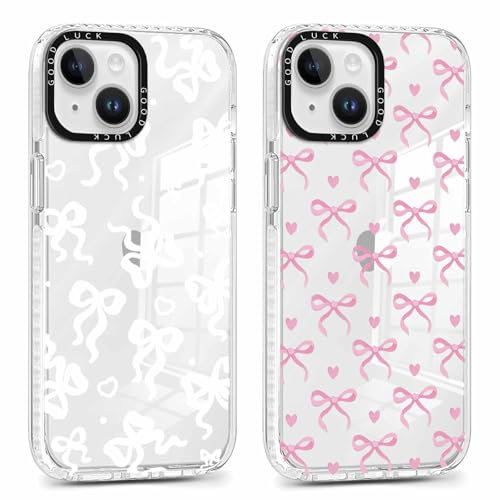 Yirlbey 2 Stück für iPhone 15 6,1 Zoll Hülle, Transparent Handyhülle mit Schleifen Fliege und Herz Aesthetic Muster Design Mädchen Frauen Clear Case, Durchsichtig Dünn TPU Stoßfest Cover
