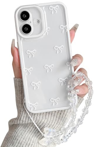NITITOP Compatible with iPhone 16 Case Cute Clear White Durable Ribbon Bowknot Pattern for Girls Women with Chain Wrist Strap Soft TPU Transparent Shockproof Protective Phone Cover - White
