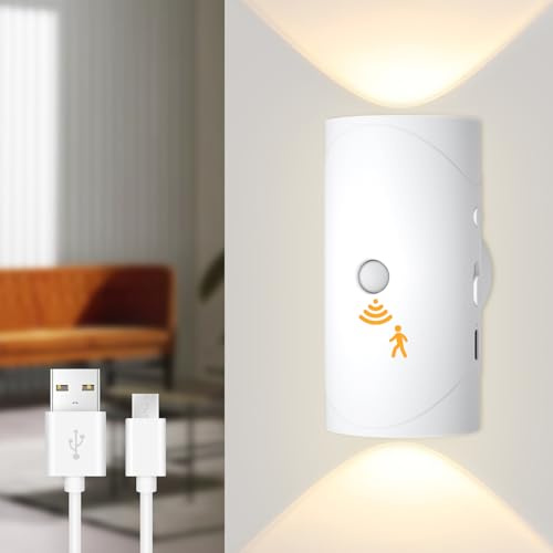Battery Operated LED Wall Light with Motion Sensor Warm White, Rechargeable Stick-On Magnetic Wall Mounted Light, Cordless USB Glowlight, Up Down Wall Lamp for Bedroom, Bedsides, Bathroom, Pack of 1