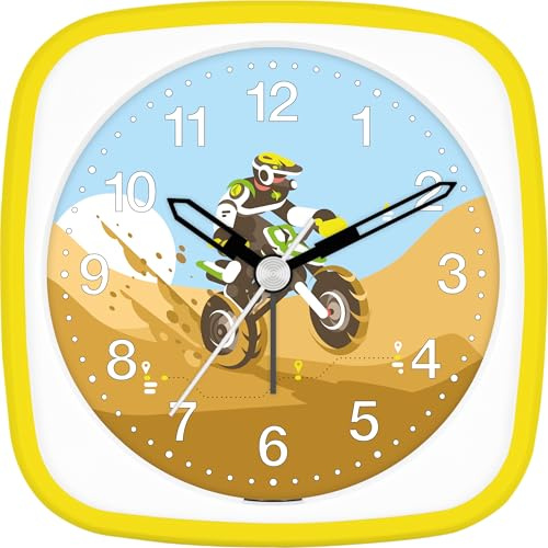 27154-03-Eurotime Kinder-Quarzwecker mit schleichender Sekunde, Motiv Motocross, Kunststoffgehäuse Weiss/gelb und Kunststoffabdeckung