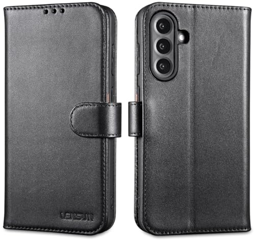 LENSUN Echtleder Hülle für Samsung Galaxy A56, Flip Klapphülle - Schwarz | Zweifarbig Lederhülle, Faltbare Handyhülle Echtes Leder, Magnetverschluss Handytasche, RFID Schutz, Bookstyle Wallet