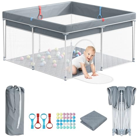 Yvsevnr Kinder Laufgitter Faltbar 127x127, Laufstall Bab mit Matratze und Atmungsaktivem Netz, Laufgitter 210D Oxford Gewebe, Playpen, Tragbar Kinderlaufstall mit Spielbälle und Zugringe