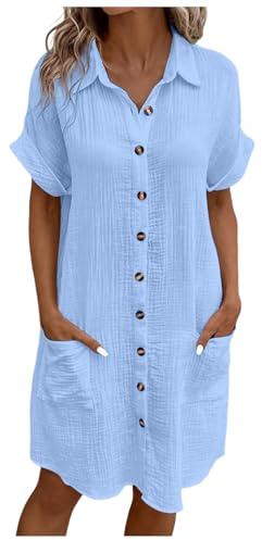 Musselin Kleid Damen Luftige Sommer Blusenkleid Falten Leinen Sommerkleid Casual Revers Style Knopfleiste Knielang Strandkleid Baumwolle Einfarbig Kurzarm Kleid Freizeitkleid mit Taschen