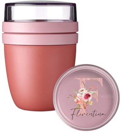 Mepal Lunch Pot personalisiert, To Go Müslibecher Snackbox Ellipse mit Name, bunter Blumen Aufdruck floraler Buchstabe Initiale, Klein Rot
