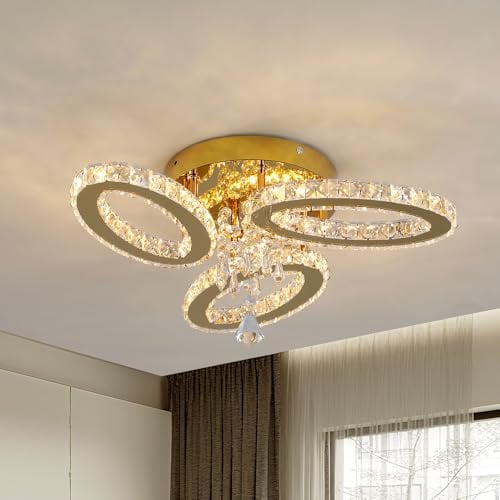 VETRULUS Moderne LED Kristall-Deckenleuchte, 3 Ovale, Gold, Flachmontage, mit 3 Farbtemperaturen – Deckenlampe für Schlafzimmer, Küche, Esszimmer, Flur, Diele
