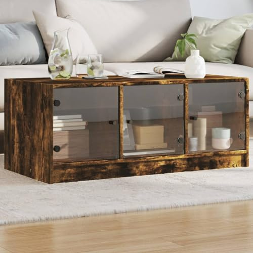 LoogCape Mesa de centro con puertas de cristal, roble ahumado, 102 x 50 x 42 cm, mesa de salón estable con espacio para libros, multimedia, artículos decorativos, aspecto moderno