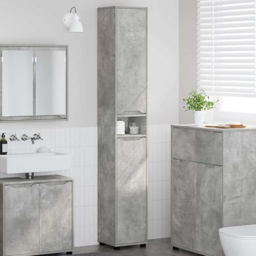 Owoxanthellate Badezimmerschrank Beton Grau 30,5x30x195 cm Holzwerkstoff Moderner Hochschrank mit 7 Regalen und 2 Türen für kleine Bäder und Gäste WC