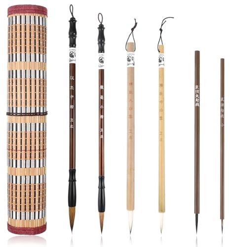 Jxiwfvl 6 Stück Chinesischer Kalligraphie Pinsel Set, Mal Und Schreibpinsel für Kalligrafie, Gemischte Größe Japanische Kanji Sumi Pinsel für Anfänger Mit Roll up Pinselhalter