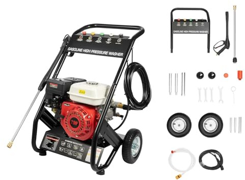 EGBNSY Hidrolavadora, Hidrolimpiadora de Alta Presion, Hidrolimpiadora Gasolina, Motor de 7CV, Presión 2200PSI, 5 Boquillas y Manguera, Agua a Presion Limpieza para Limpiar Patios, Coches o Fachadas