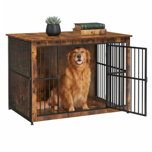 Feandrea Hundebox, Hundekäfig Möbel, Gitterbox aus Holz und Metall, mit 2 Türen und Geschlossenem Boden, 110 x 76 x 82 cm, für Zuhause, Vintagebraun und Tintenschwarz, Degwood PFC024X01V1
