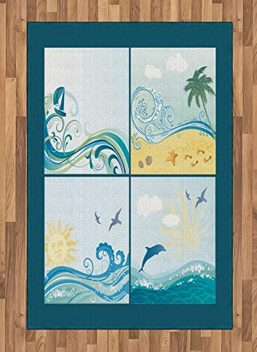 ABAKUHAUS Strand Teppich, Maritime Themenwellen, Deko-Teppich Digitaldruck, Färben mit langfristigen Halt, 120 x 180 cm, Beige Grün Blau