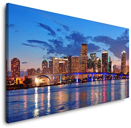 Miami Skyline 120x 60cm Panorama Leinwand Bild XXL Format Wandbilder Wohnzimmer Wohnung Deko Kunstdrucke