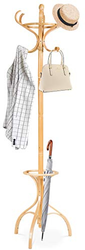 GOPLUS Garderobenständer, 182cm Kleiderständer mit drehbare Doppelhaken & Schirmständer, Garderobe aus Holz für Mantel, Jacke, Hut & Taschen, Standgarderobe für Flur, Schlafzimmer & Büro (Natur)