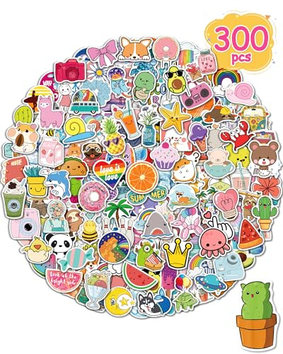 Stickers for Water Bottles, 300 Pcs/Pack Cute Vinyl Waterproof Laptop Sticker for School Students Gifts Supplies Classroom Teachers Prizes Stocking Stuffers Stickers for Kids Girls Teens