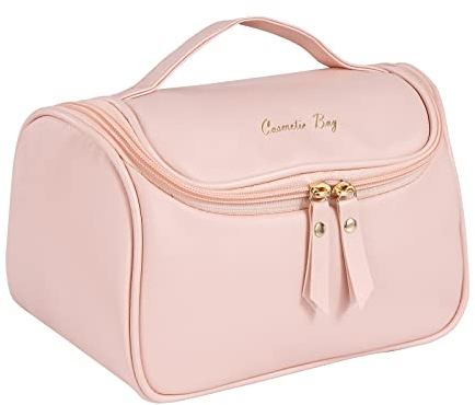 Borsa per Cosmetici Portatile Multifunzionale Borsa per Il Trucco da Viaggio Impermeabile Beauty Case Grande Pelle Pu Borsa da Toilette Donna con Cerniera Maniglie Rosa