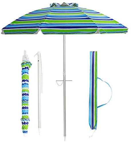 TANGZON 2M Garden Parasol, Portable Tilting Beach Umbrella with Carry Bag and Lockable Handle, UPF50+ Sun Protection Outdoor Sunshade Shelter for Pool Patio Backyard (Blue + Green)