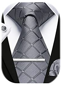 HISDERN Plaid gris cravate pour hommes mouchoir bouton de manchette pince à cravate ensemble formel fête de mariage cadeaux