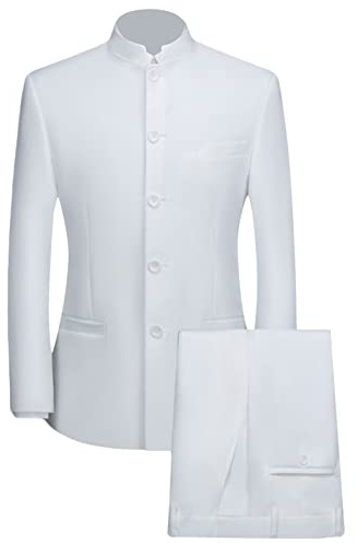 Men 2 Pieces Chinese Tunic Suit Mandarin Collar Blazer Set Button Jacket Pant Set Traditional Uniform Groom Dress (White,3X-Large)