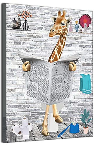 MKHFUW Lustige Badezimmer Wandkunst, Lustige Tiere Lesen Zeitungen in der Toilette Leinwand Poster für Toilette Badezimmer Tiere Kunstwerk, Rahmenlos (Giraffe,60 x 80 cm)