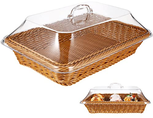Plastic Baskets Wicker Bread Basket Imitation Rattan Bread Basket with Acrylic Cover Lid Stackable Rectangle Serving Basket for Food Fruit Vegetable Towel Woven Basket