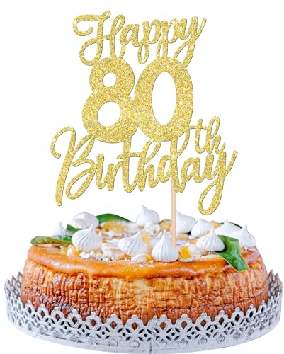 SYKYCTCY 1 Pack Happy 80th Birthday Cake Topper Gold Glitter Cheers to 80 Years Birthday Cake Pick 80 Fabulous Cake Decoration for Happy Birthday Theme Anniversary Party Supplies