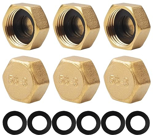 6 Stück 3/4 Zoll Blindstopfen, Verschlusskappe 3/4 Zoll mit Gummidichtungen | Messing Kappe Sechskant, Schlauchkappen Gewindekappe für Garten Wasserleitung