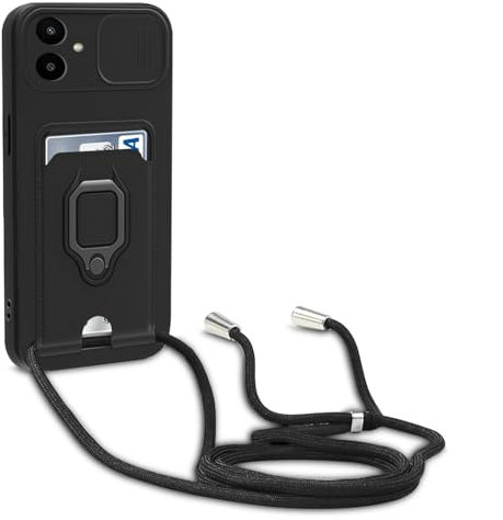 yanasuo Camera Protection Lanyard Phone Case for Samsung Galaxy A05, Card Holder, Slide Camera Cover, Silicone Cord Strap rope Shell TPU Shockproof Bumper Cover-Black